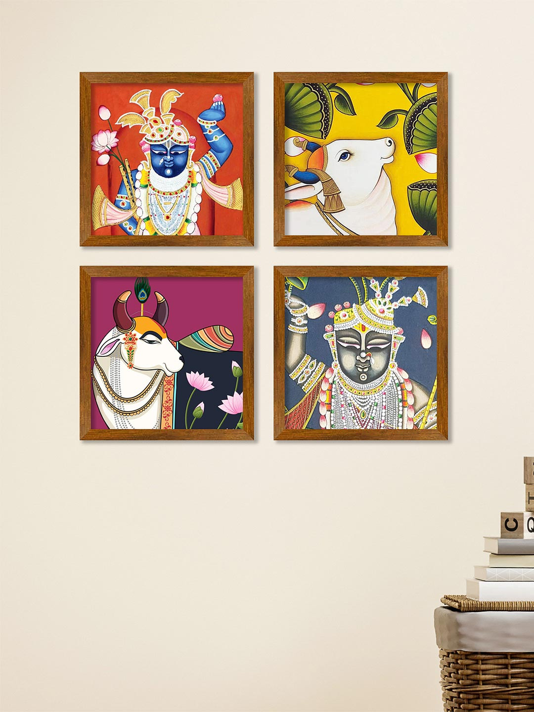 ArtVibes Yellow & Red 4 Pieces Shrinathji Pichwai Cow Wooden Religious Painting Wall Arts