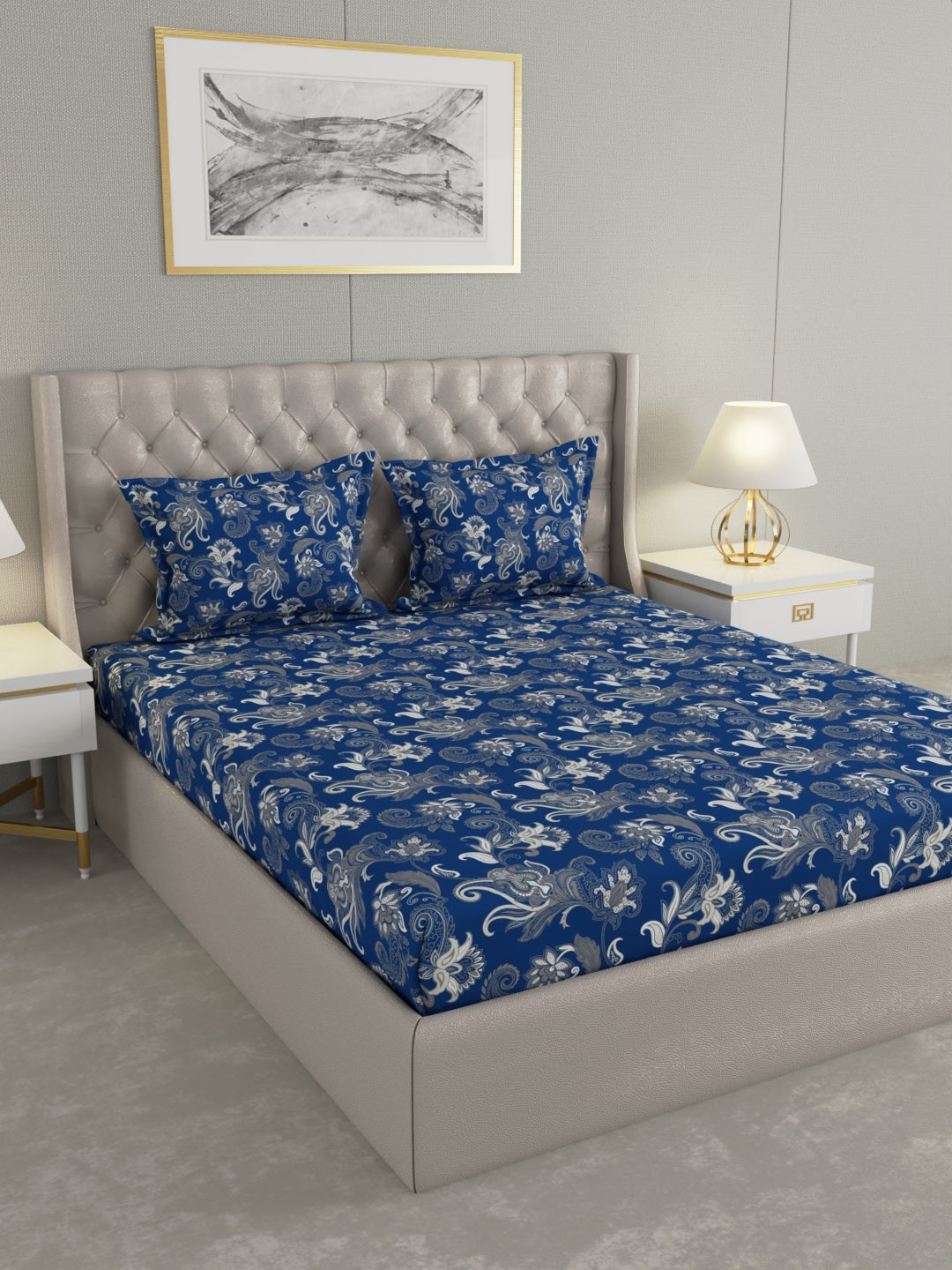 Raymond Home Lush Petal Navy Blue & Grey Printed 100 TC Queen Bedsheet Set 2.25 x 2.2m