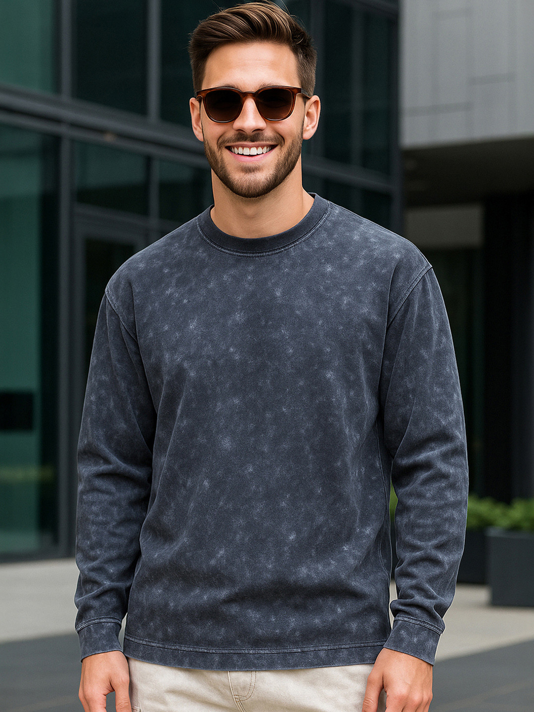 Bewakoof Self Design Drop-Shoulder Sleeves Oversized Acid Wash Cotton T-shirt