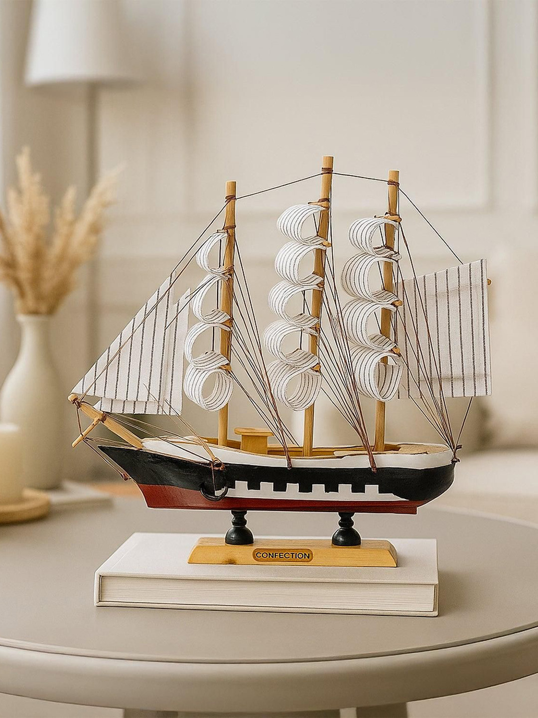 MARKET99 Brown & White Boat Wooden Figurine Showpiece