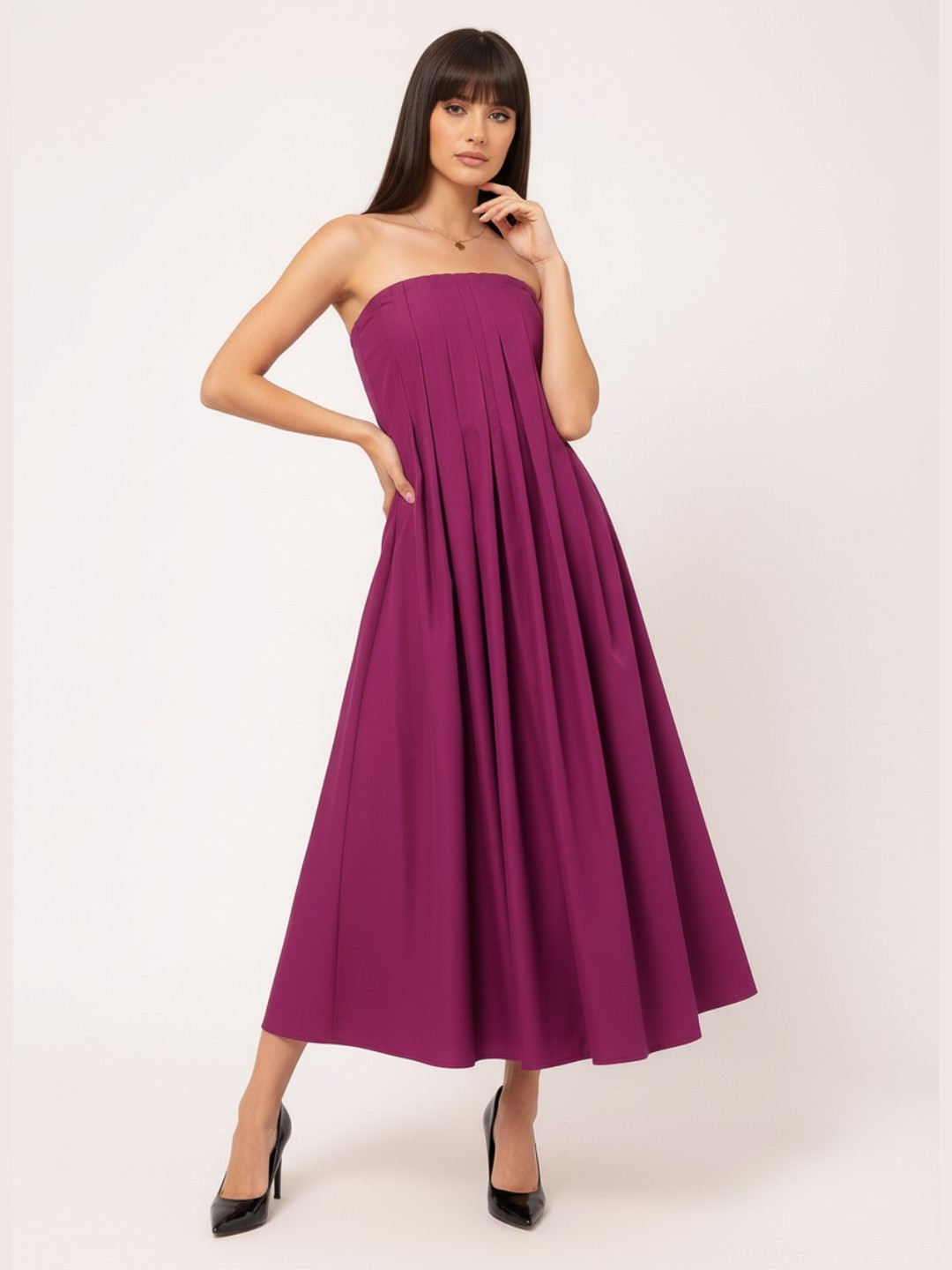 DressBerry Posh & Glam Pleated Strapless A-Line Midi Dress