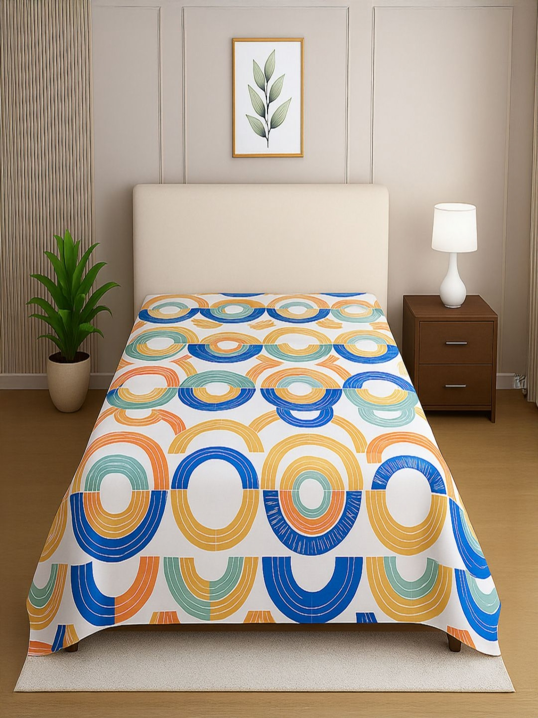 Threadwear White & Orange Printed 210 TC Single Bedsheet - 2.30 m x 1.55 m