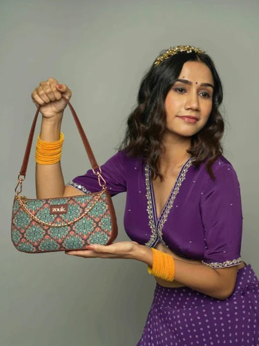 ZOUK Ethnic Motifs Printed Structured Baguette Bag Handbags