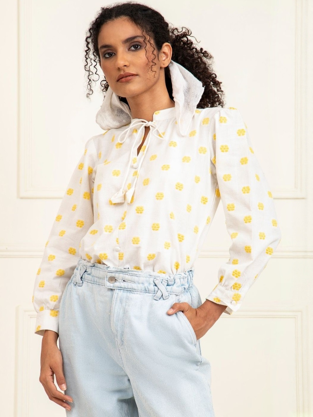 SANAITA CREATIONS Ethnic Motifs Embroidered Tie-Up Neck  Cuffed Sleeve Cotton Top