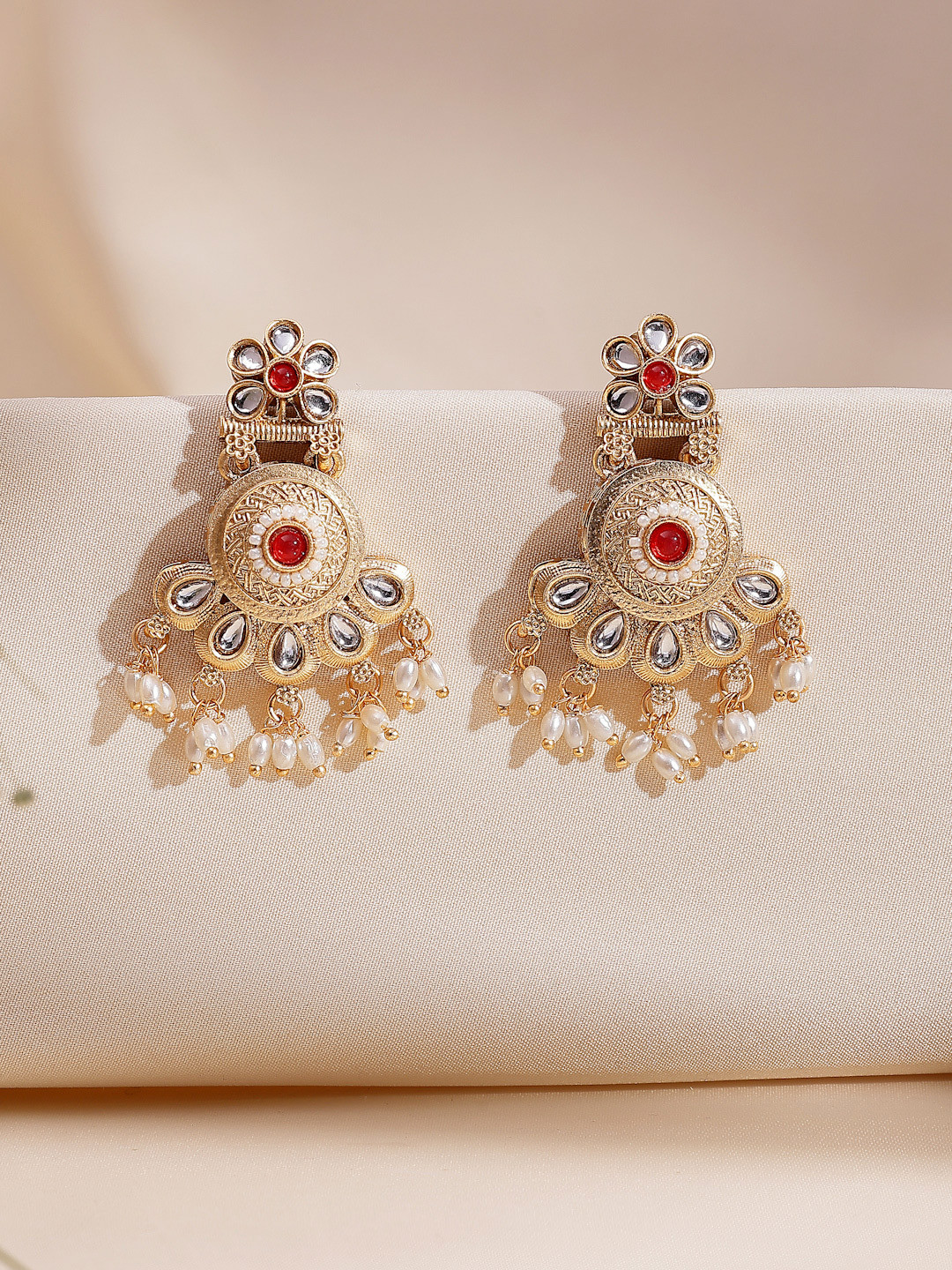 ADIVA 22K Gold-Plated Kundan Stone Studded Pearl Designer Drop Earrings