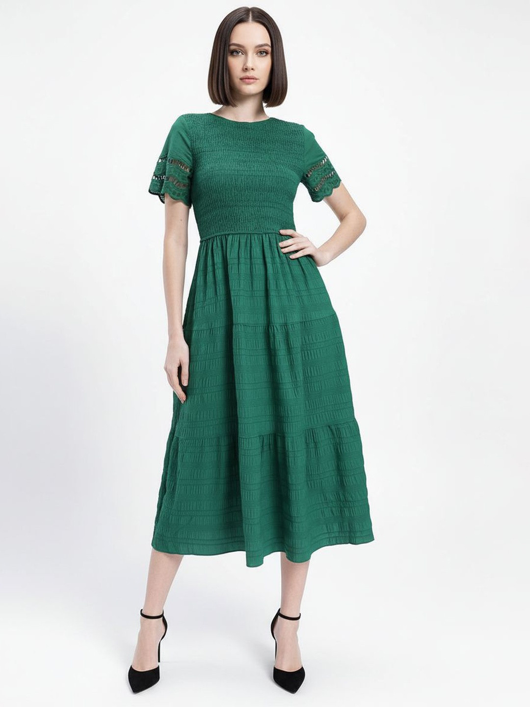 French Connection Smocked Self Checked Tiered A-Line Midi Dress