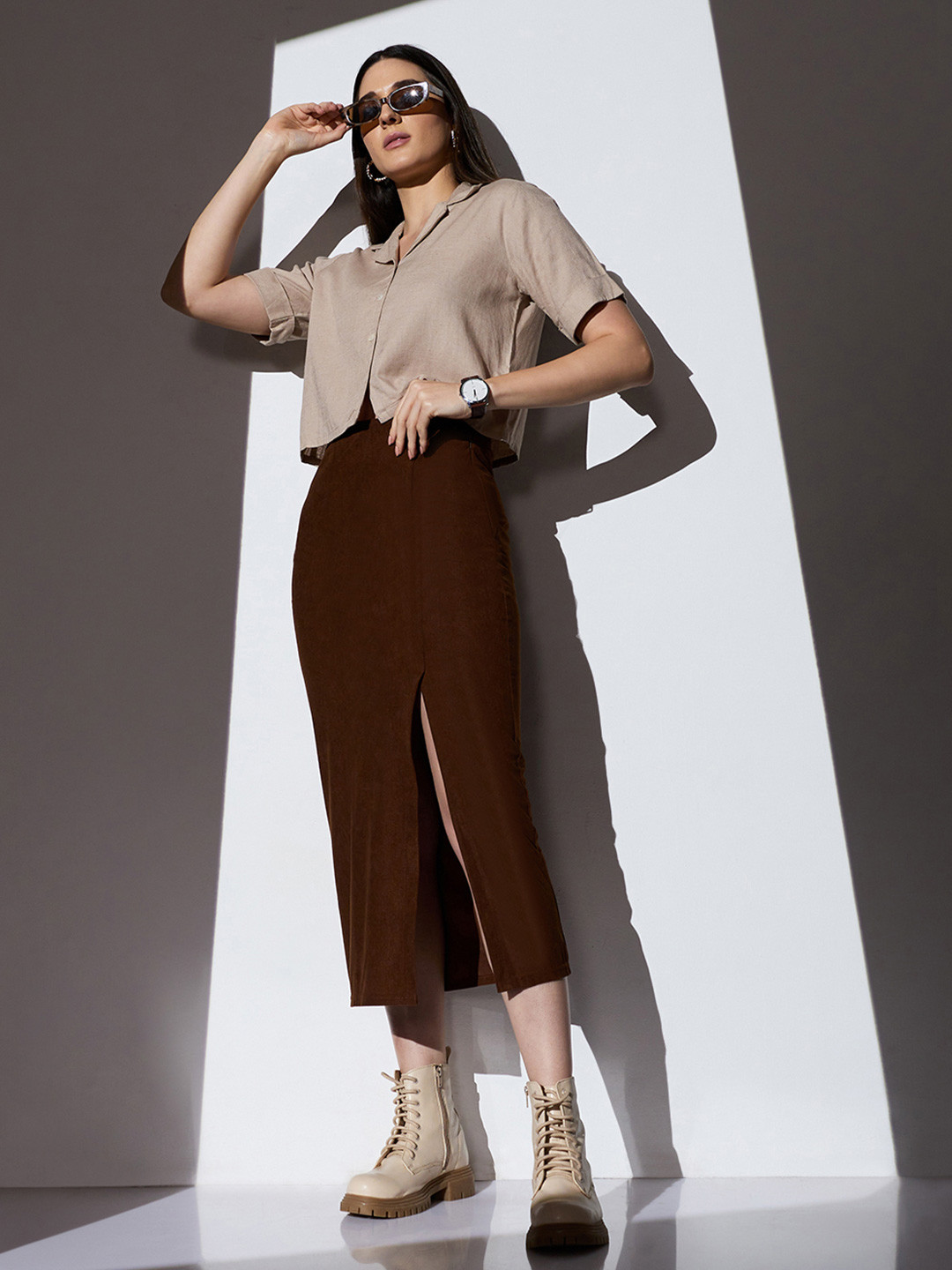 Globus Mid-Rise Self Design Front Slit Pencil Midi Skirt