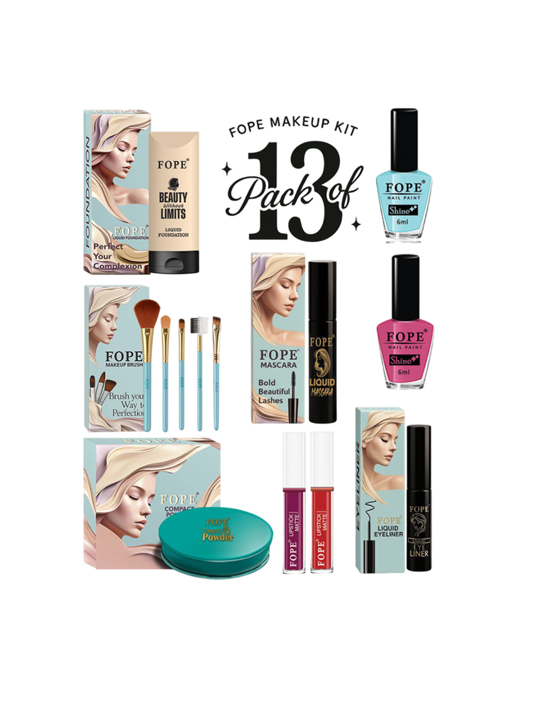 FOPE Set Of 13 Lipstick, Eyeliner, Compact Powder, Foundation Nail Polish & Makeup Brushes