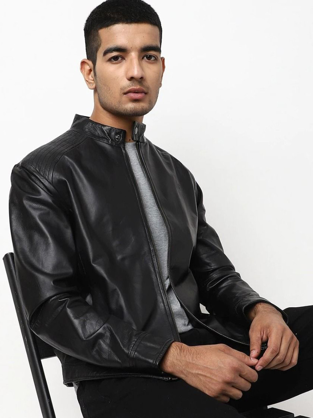Tortoise Men Mandarin Collar Solid Lightweight Leather Jacket
