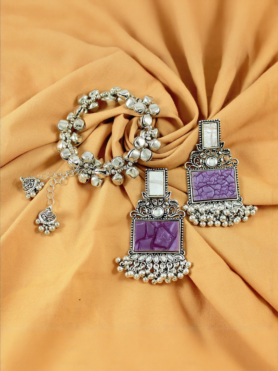 JFL - JEWELLERY FOR LESS Silver Plated Oxidised Artificial Beads Earrings With Bracelet