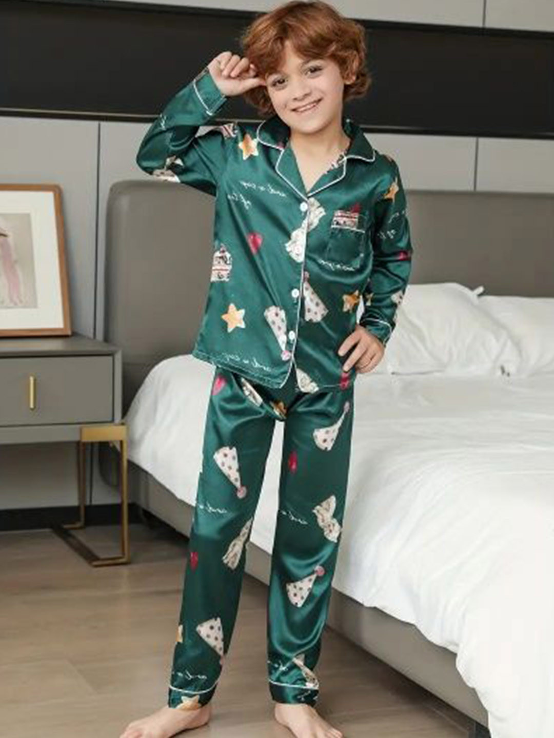 PAGHDAL BROTHER Kids Printed Lapel Collar Night suit