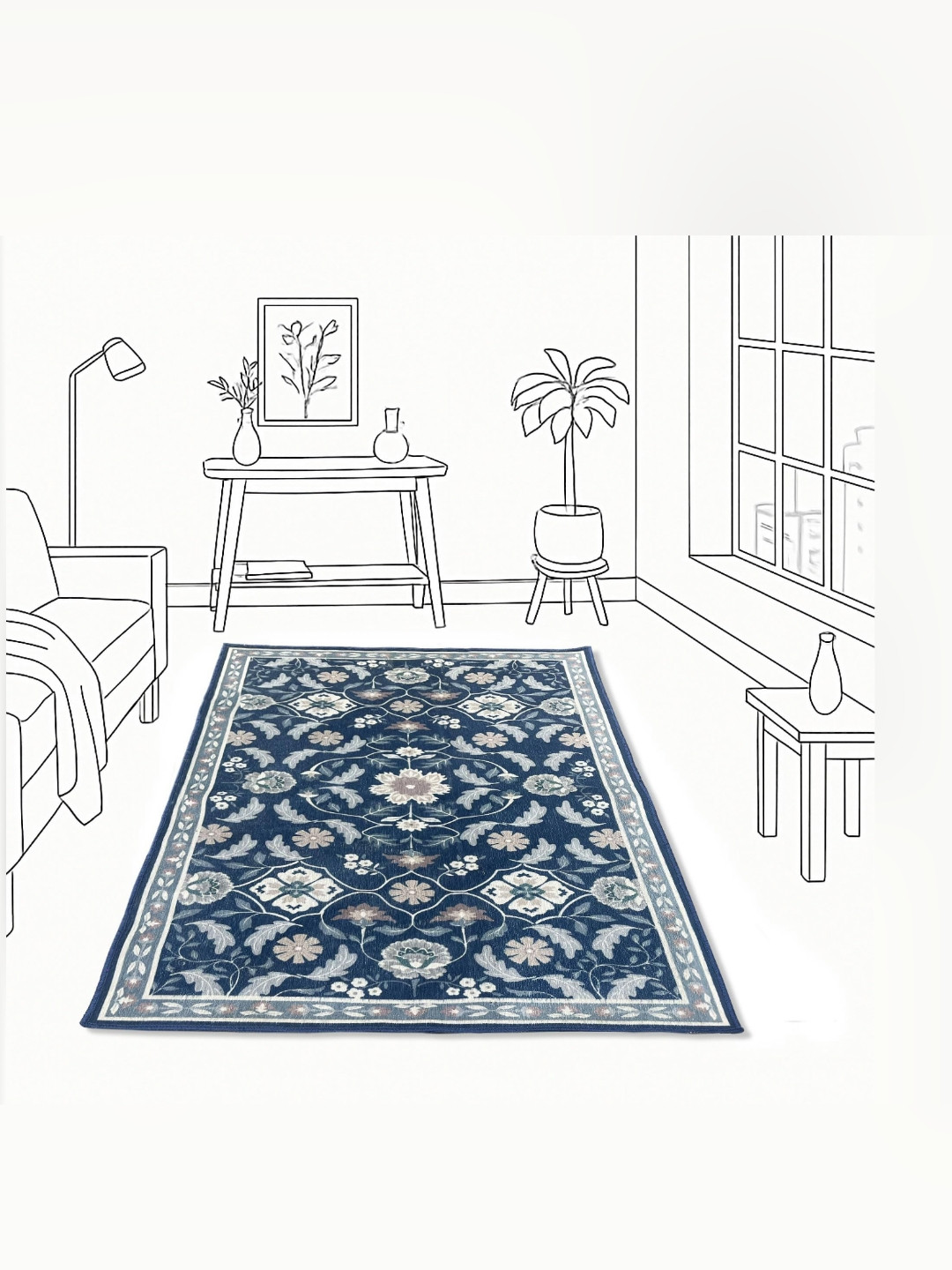 LUXEHOME INTERNATIONAL Blue & Grey Floral Traditional Anti-Skid Carpet