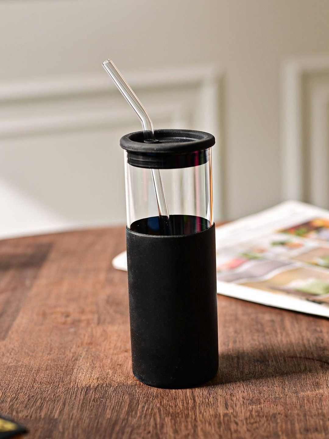 MARKET99 Black & Transparent Glass Water Bottle With Straw 480ml