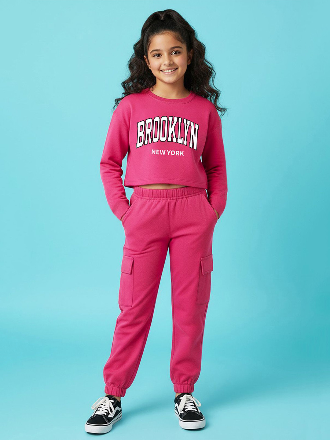 YK X Trampoline Girls Printed Round Neck Crop Top With Joggers