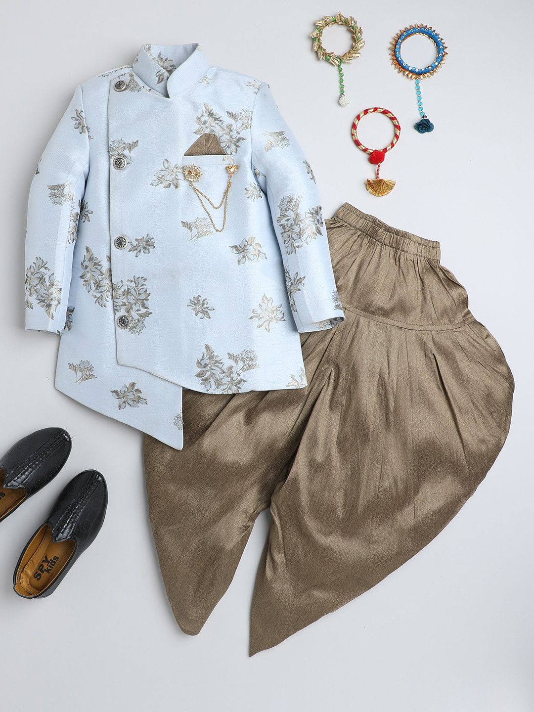 BAESD Boys Ethnic Motifs Brocade Mandarin Collar Sherwani Dhoti Pants Set