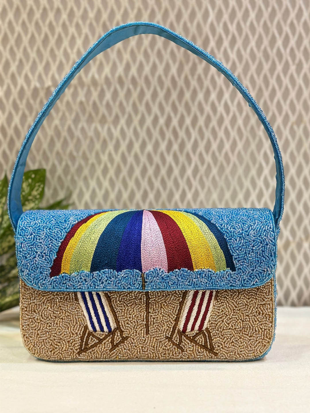 DCI Blue & Gold-toned Embellished Shoulder Strap Purse Clutch