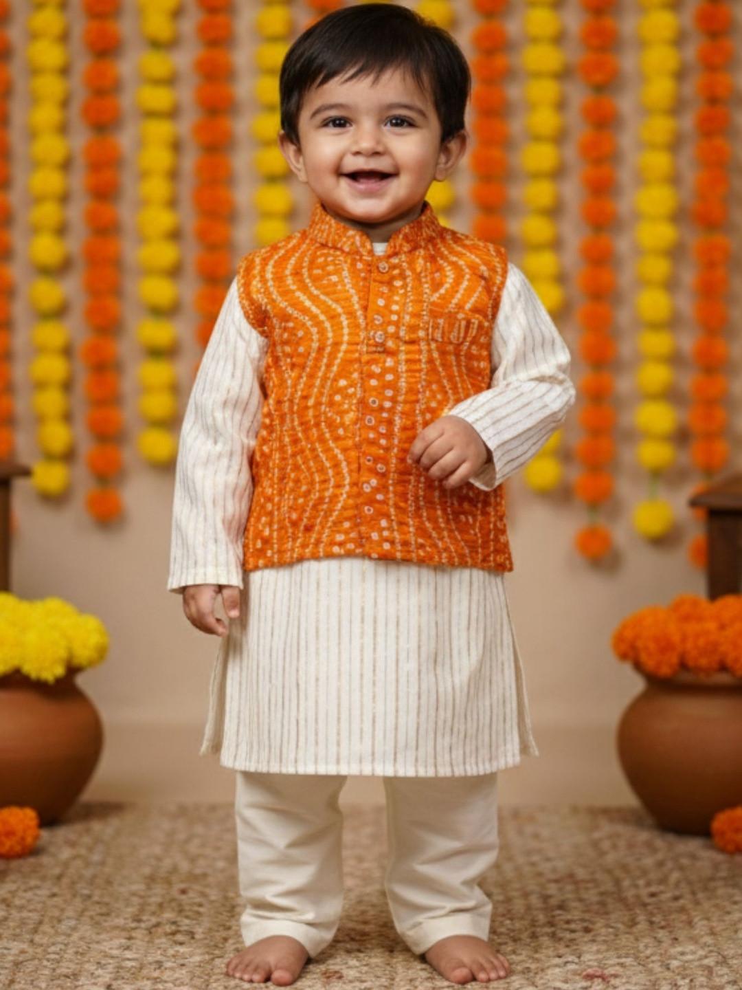 Sangria Boys Bandhani Kurta Pant Set With Waistcoat
