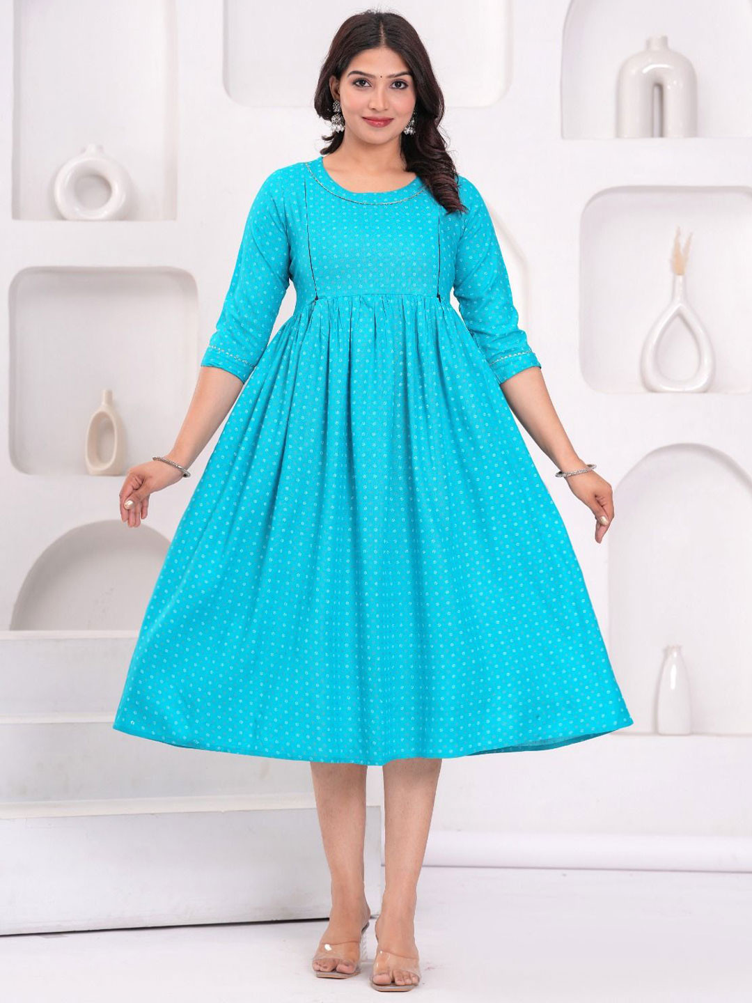 HEBA Women Round Neck Solid Three Fourth Sleeves Flared Maternity Midi Dress