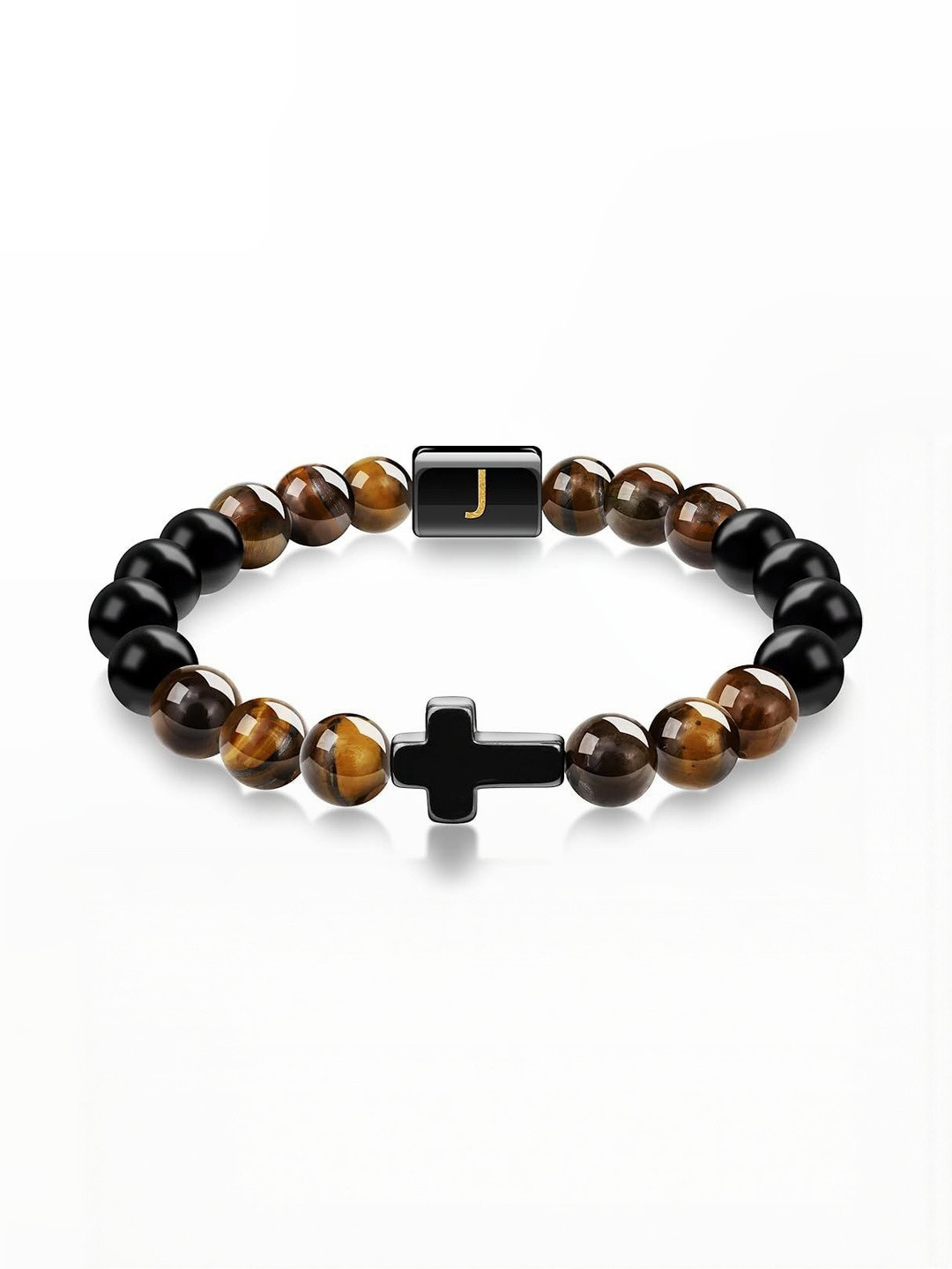 EDMIRIA Men Tigers Eye Cross Personalized Initial Beaded Silver Ceramic Bracelet