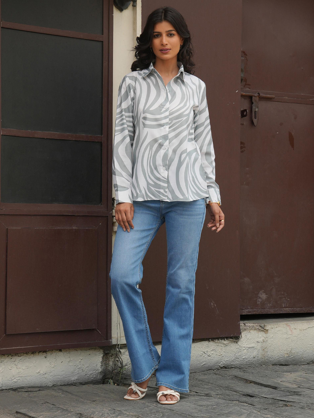 Golden Mirror Abstract Printed Spread Collar Cotton Shirt