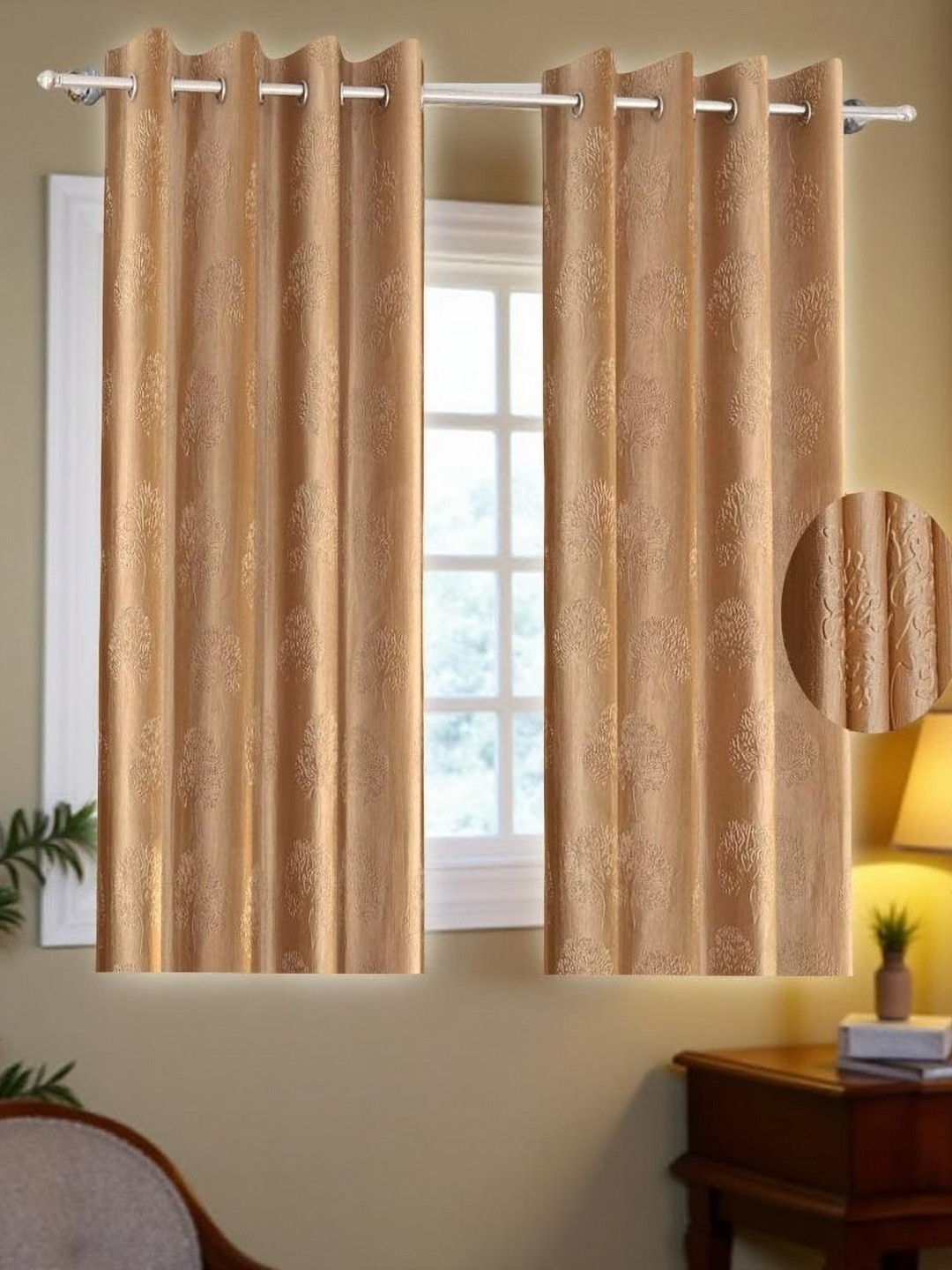 Aura Gold-Toned 2 Pieces Printed Room Darkening Window Curtains