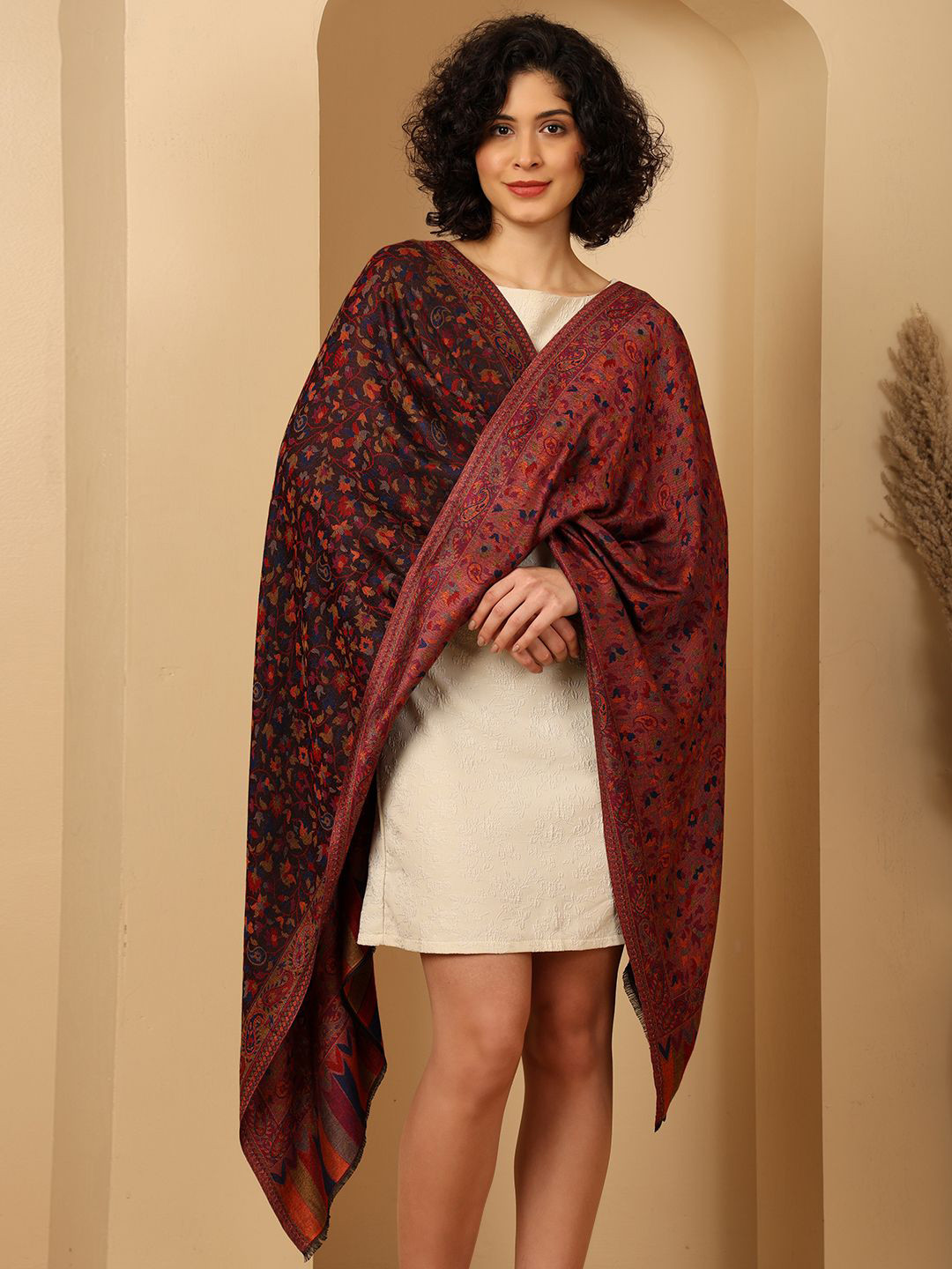 Tweedle Women Ethnic Motifs Woven Design Stole with Frayed Border