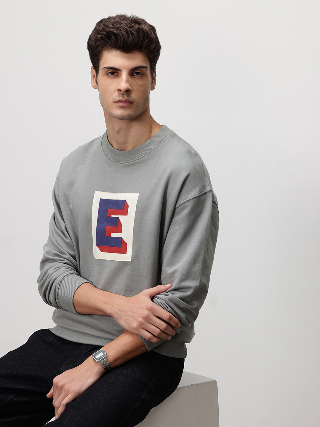 ether Typography Printed Patchwork Sweatshirt with Inner Terry