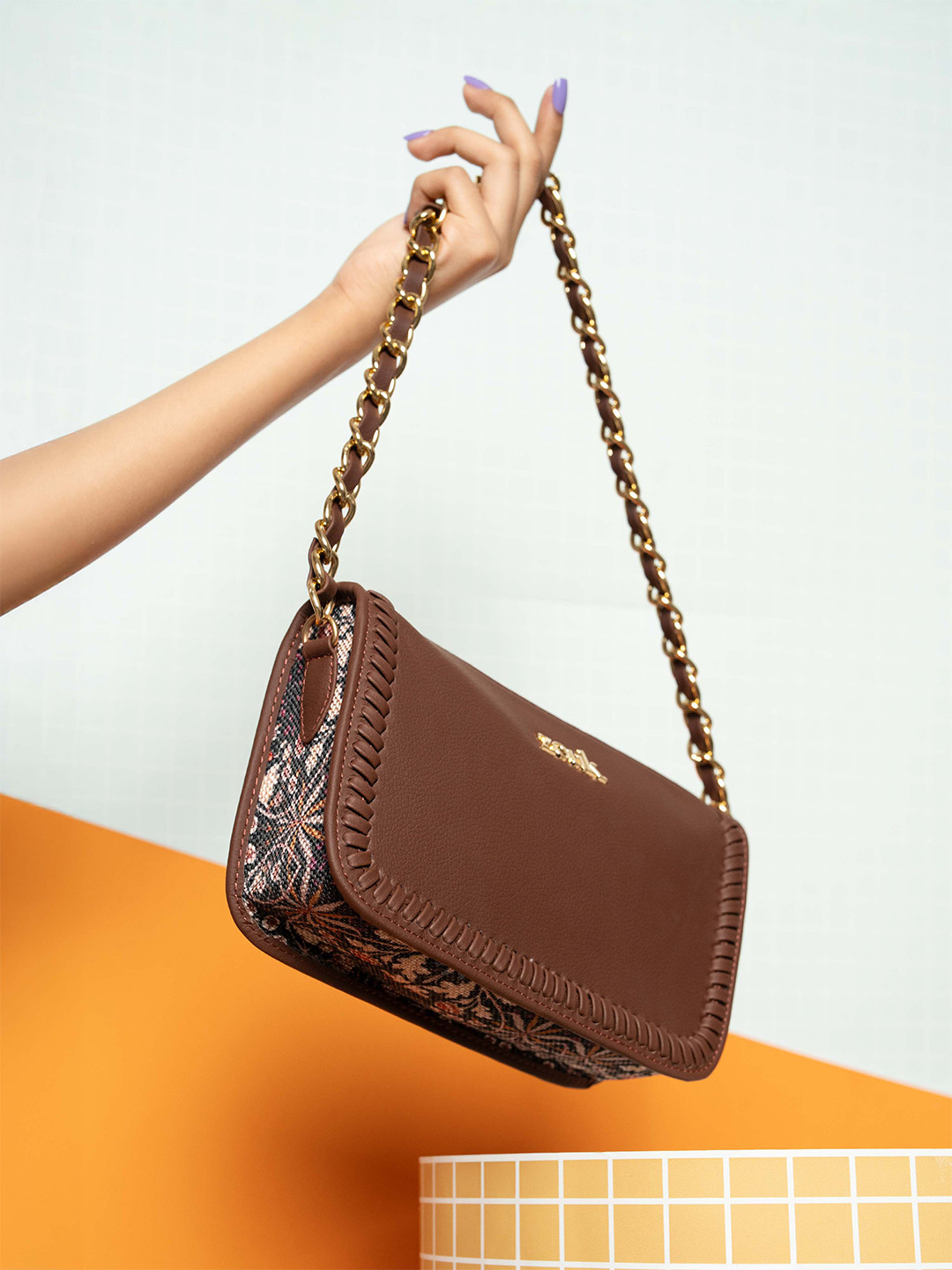 Alt by Zouk  Women Aalya Baguette Kashmir Blooms Textured Sling Bag