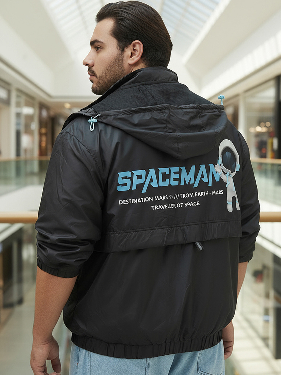 Bewakoof Official Nasa Merchandise Mens Black Graphic Oversized Plus Size Bomber Jacket