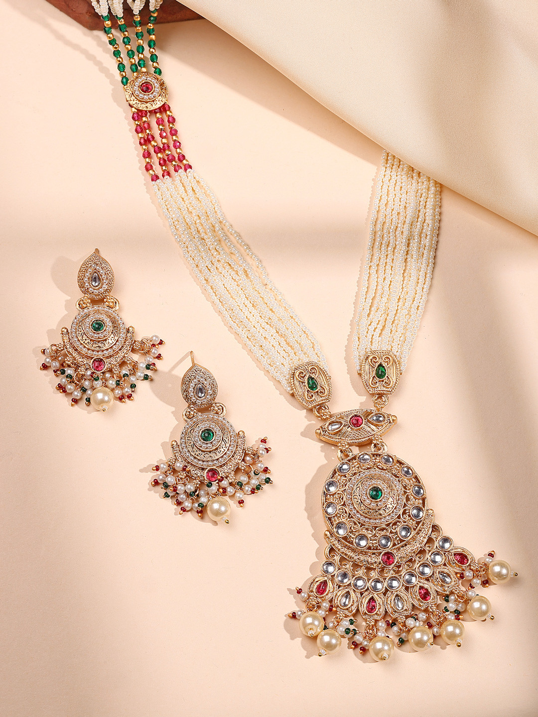 ADIVA 22K Gold Plated Kundan Studded & Pearls Beaded Jewellery Set