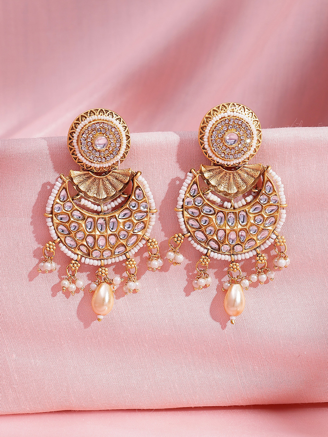 ADIVA 22K Gold-Plated Kundan & Glossy Ruby Pearls and Beads Designer Chandbali Earrings