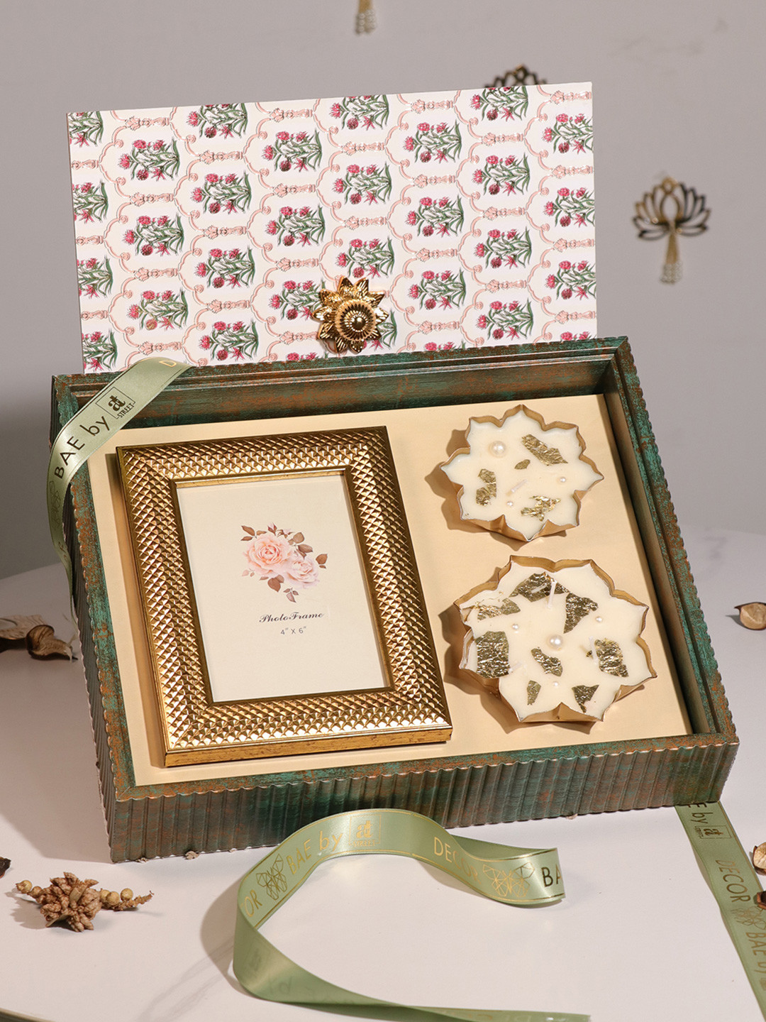 Art Street Square Shape Photo Frame with Urli Diya Mdf Diwali Gift Hamper Box