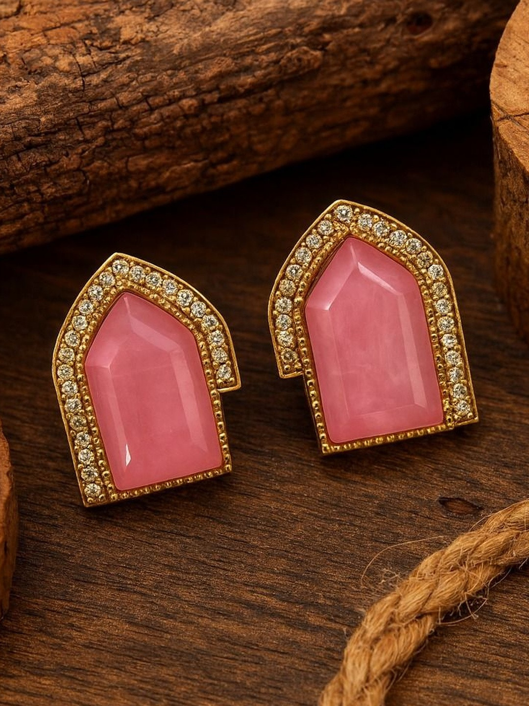 TJC Gold Plated Ruby And American Diamond Studded Geometric Shaped Antique Studs