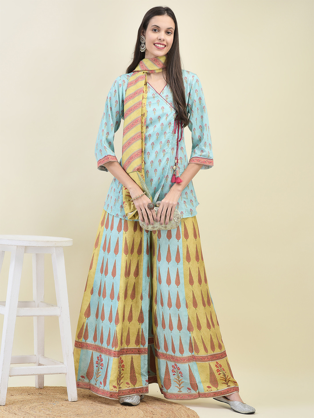 Shree Floral Printed Angrakha Chanderi Silk Kurti With Palazzo With Dupatta