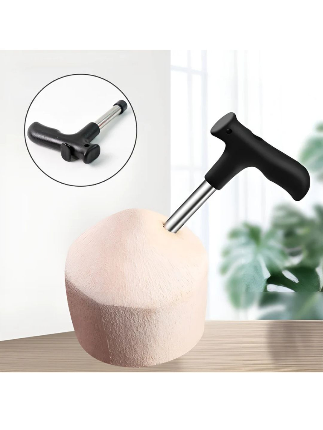 DeoDap Black & Silver-Toned Stainless Steel Coconut Opener Tool With Ergonomic Handle