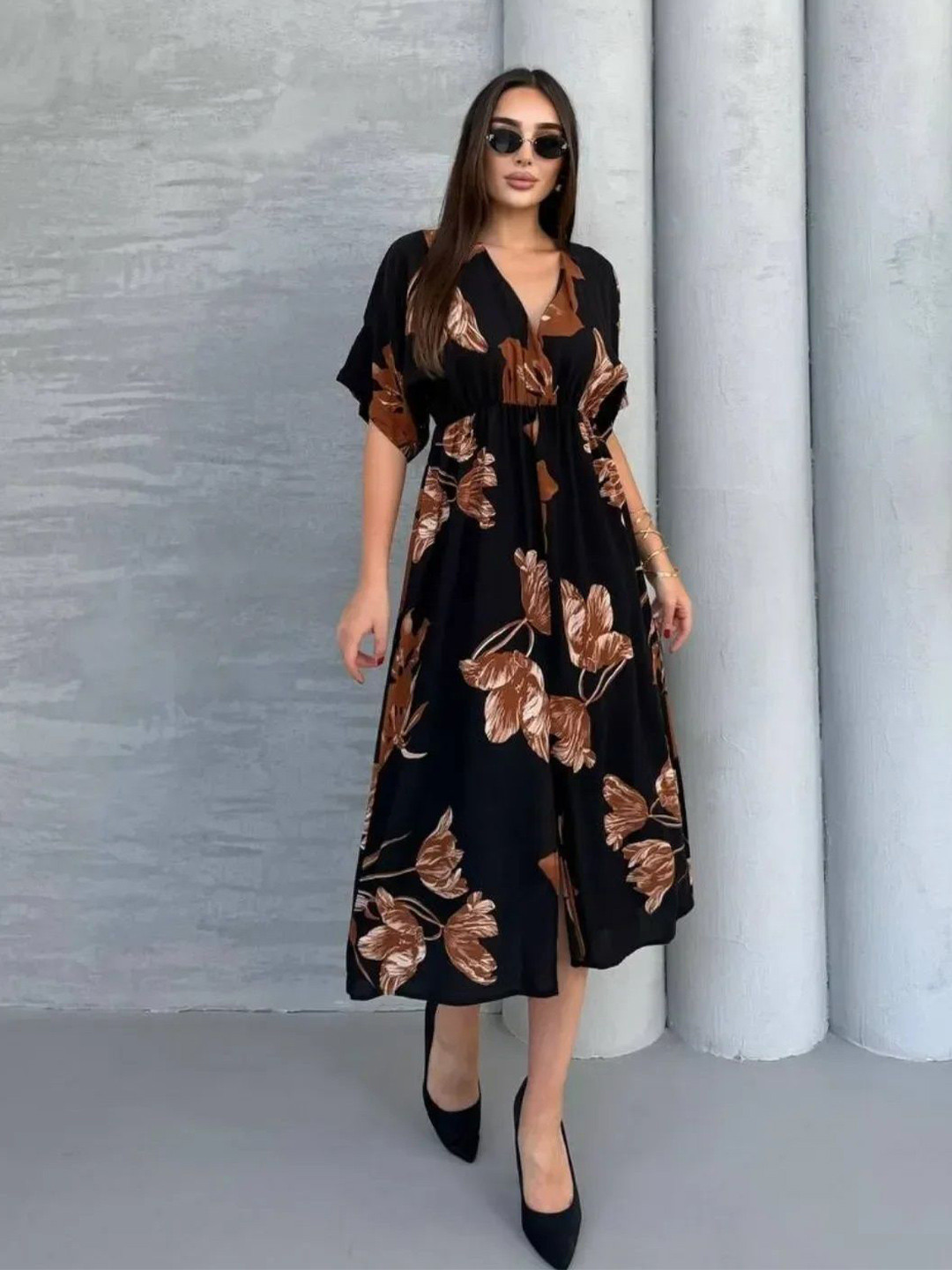 PIMU Women Floral Printed Kimono Sleeve Kaftan Midi Dress