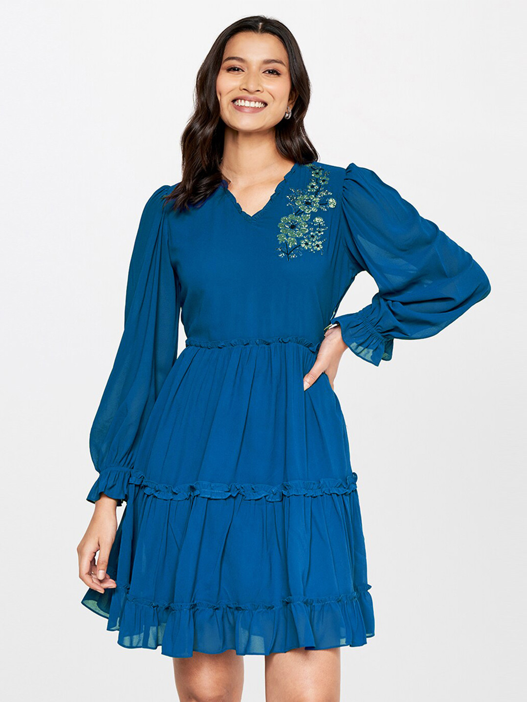 AND V-Neck Embellished Tiered Fit & Flare Dress