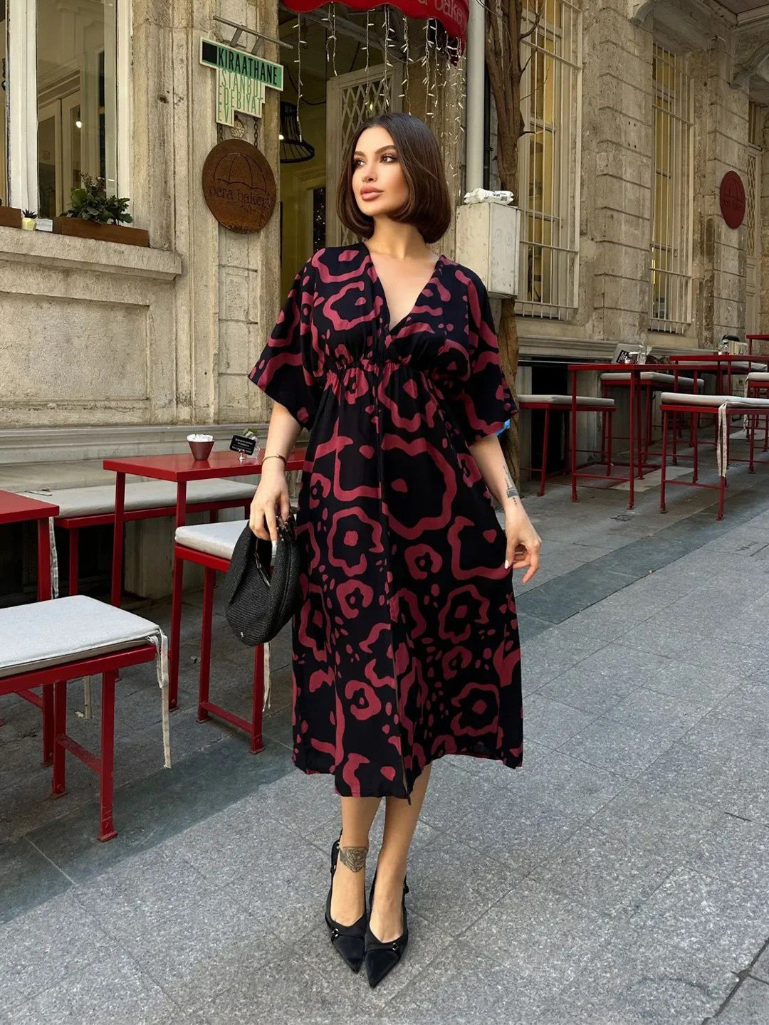 PIMU Women Abstract Print Kimono Sleeve Kaftan Midi Dress