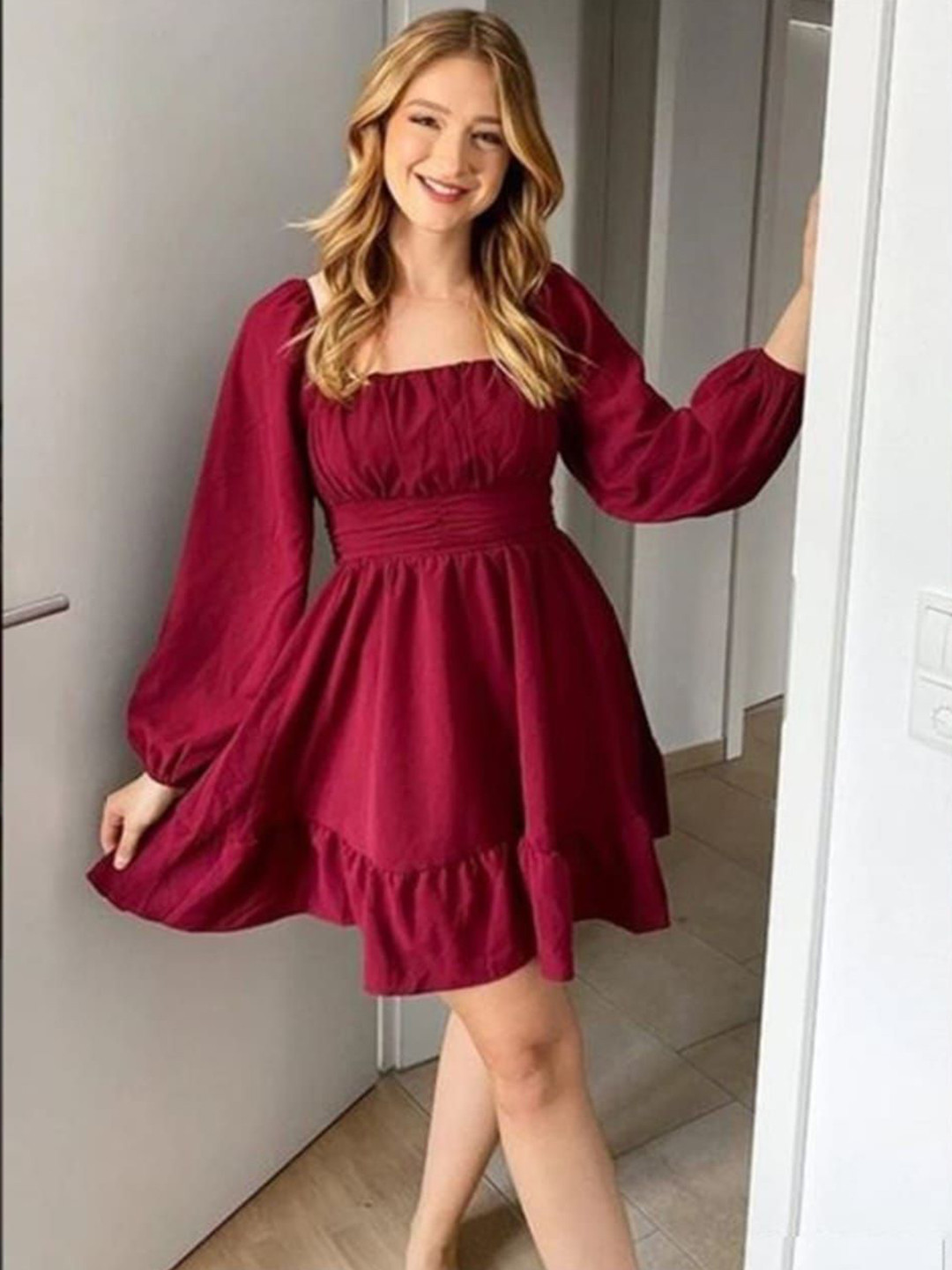 BABAJI FASHION Women Square Neck Puff Sleeve Ruffled Fit & Flare Dress