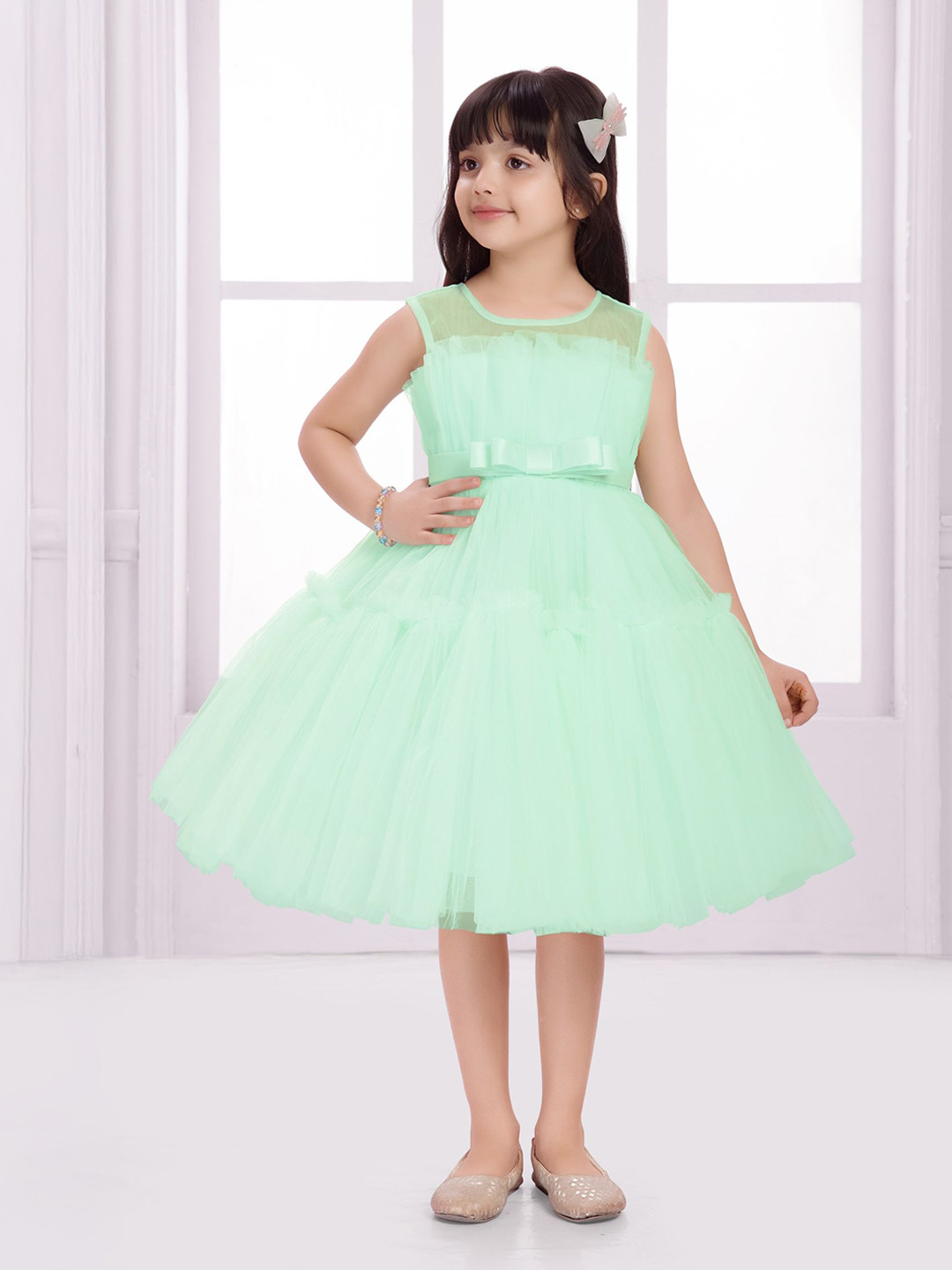 Ministitch Girls Fan Pleated Yoke Net Fit & Flare Dress
