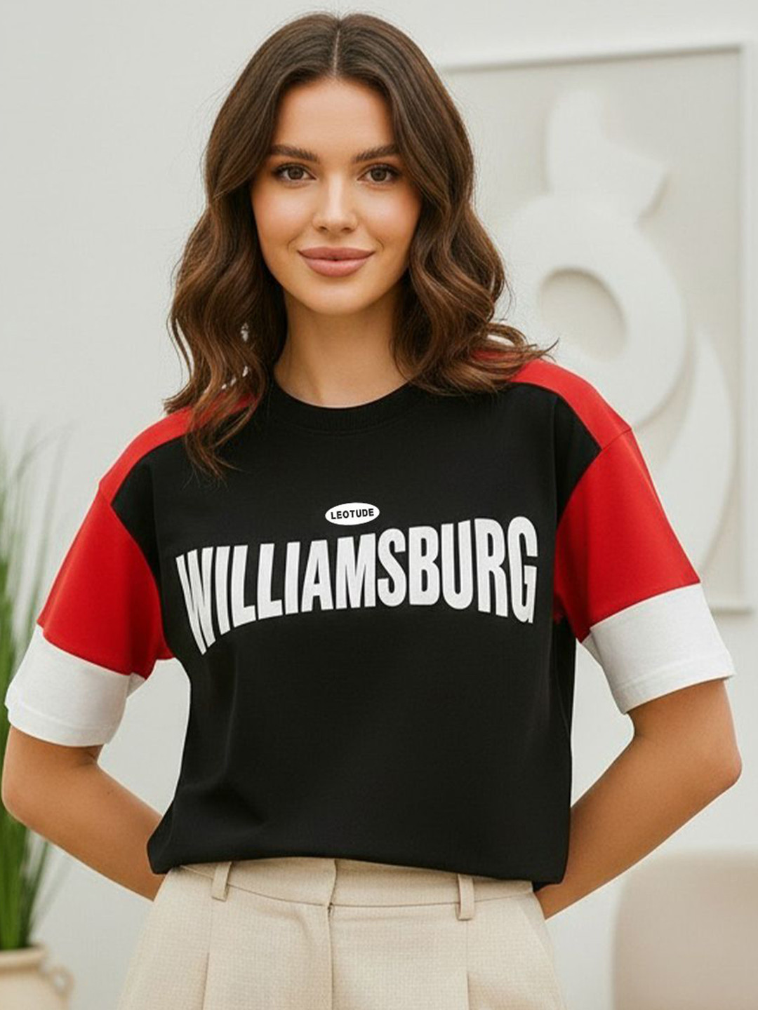 Leotude Typography Printed Round Neck Drop Shoulder Sleeves Oversized T-shirt