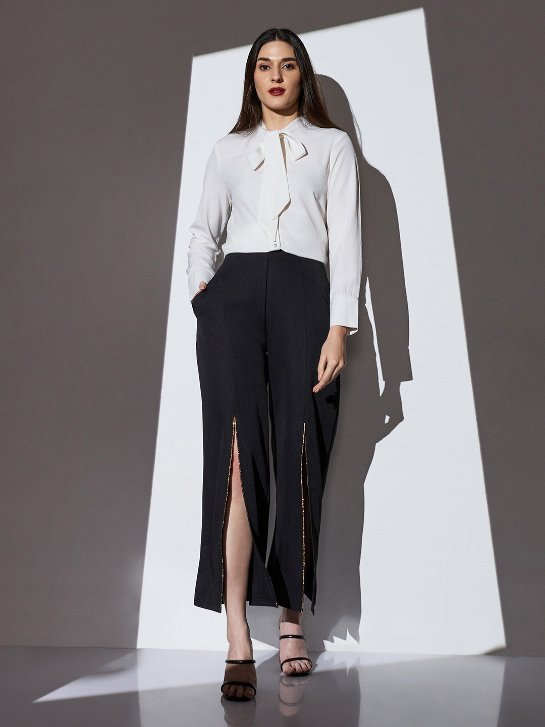 Globus Women Black Mid-Rise Shimmer Front Slit Wide Leg Party Trousers