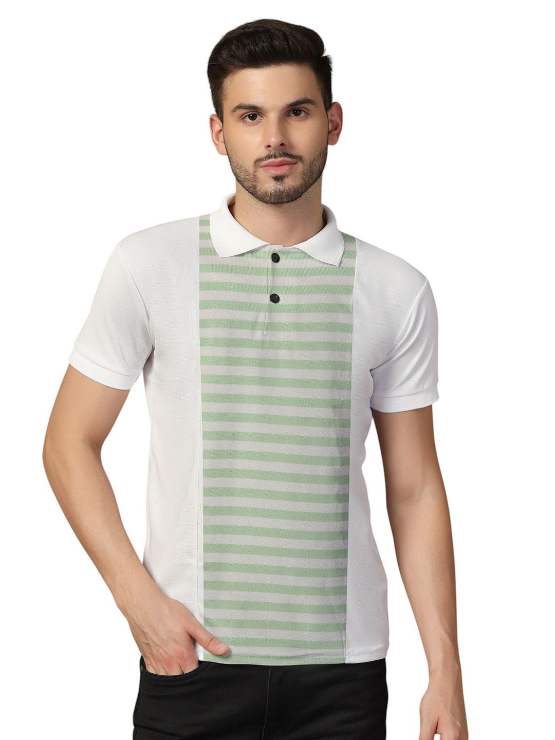 Blisstone Green & White Striped Polo Collar T-shirt