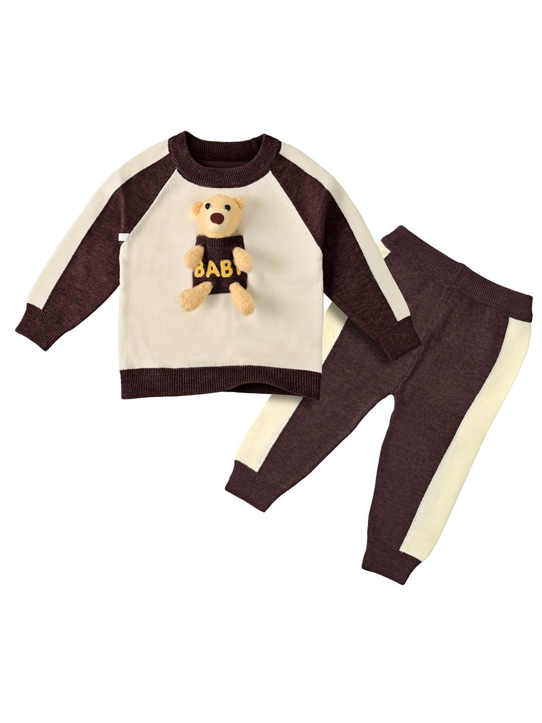 Bold N Elegant Kids Colourblocked Round Neck 3D Bear Attached Sweatshirt & Joggers
