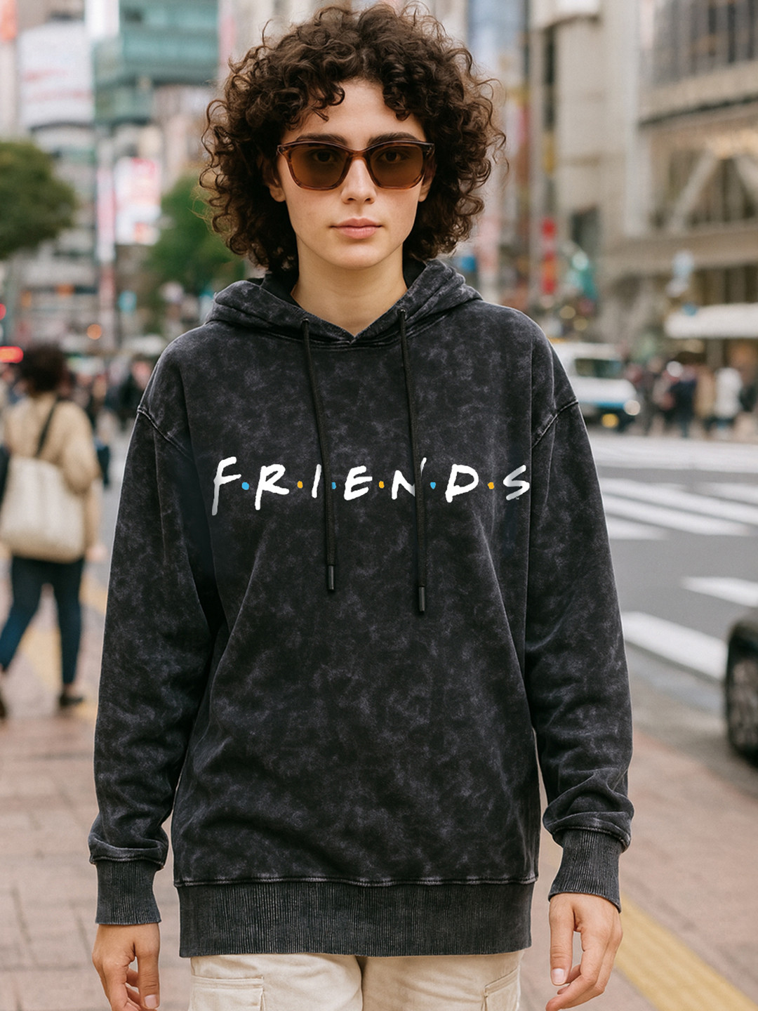 Bewakoof Heavy Duty 1.0 Women Friends Logo Graphic Printed Oversized Acid Wash Hoodies