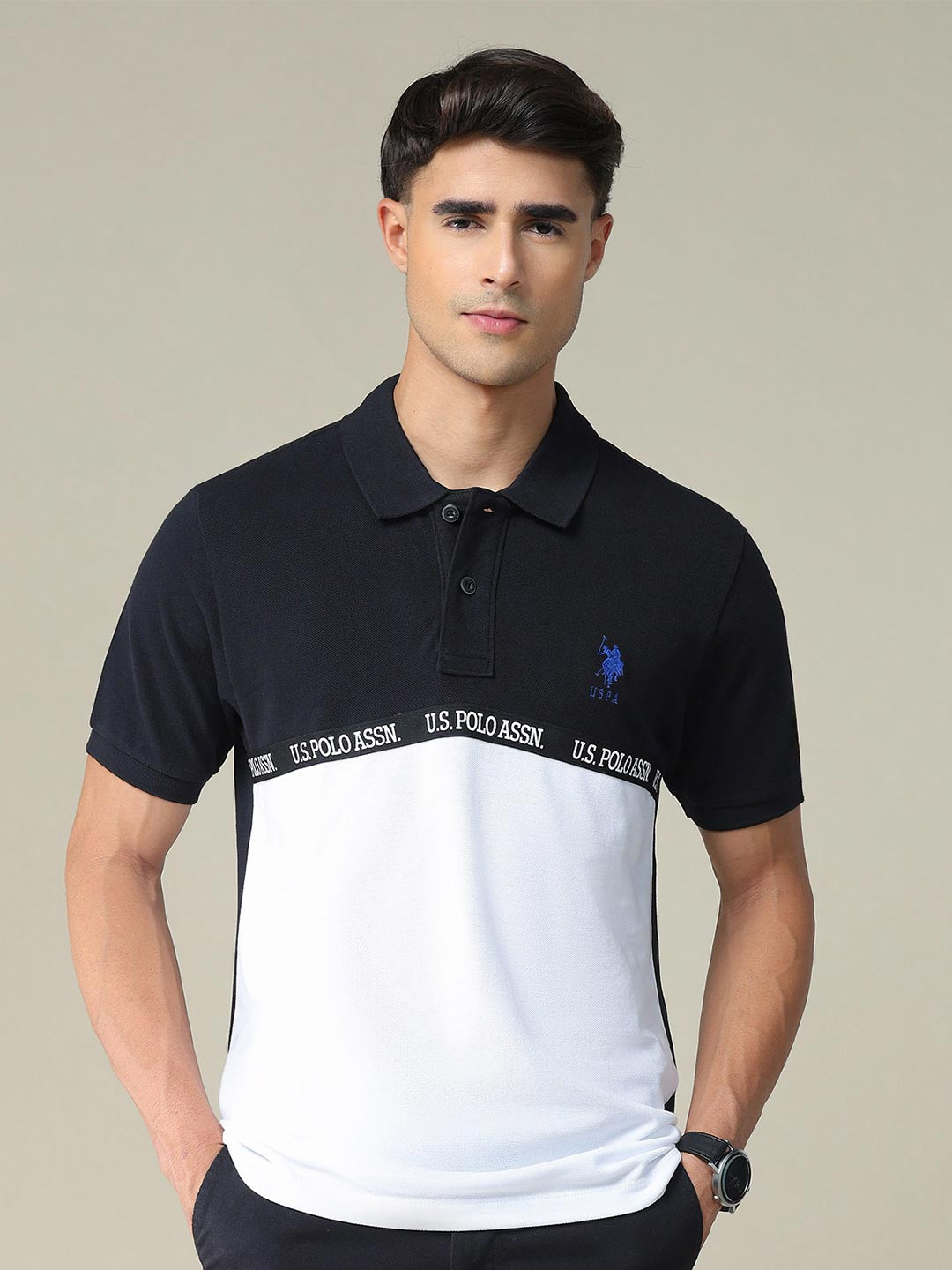 U.S. Polo Assn. Men White & Black Colourblocked Logo Tape Polo Collar Cotton T-shirt