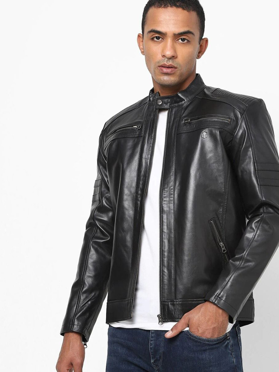 Tortoise Mandarin Collar Lightweight Leather Jacket