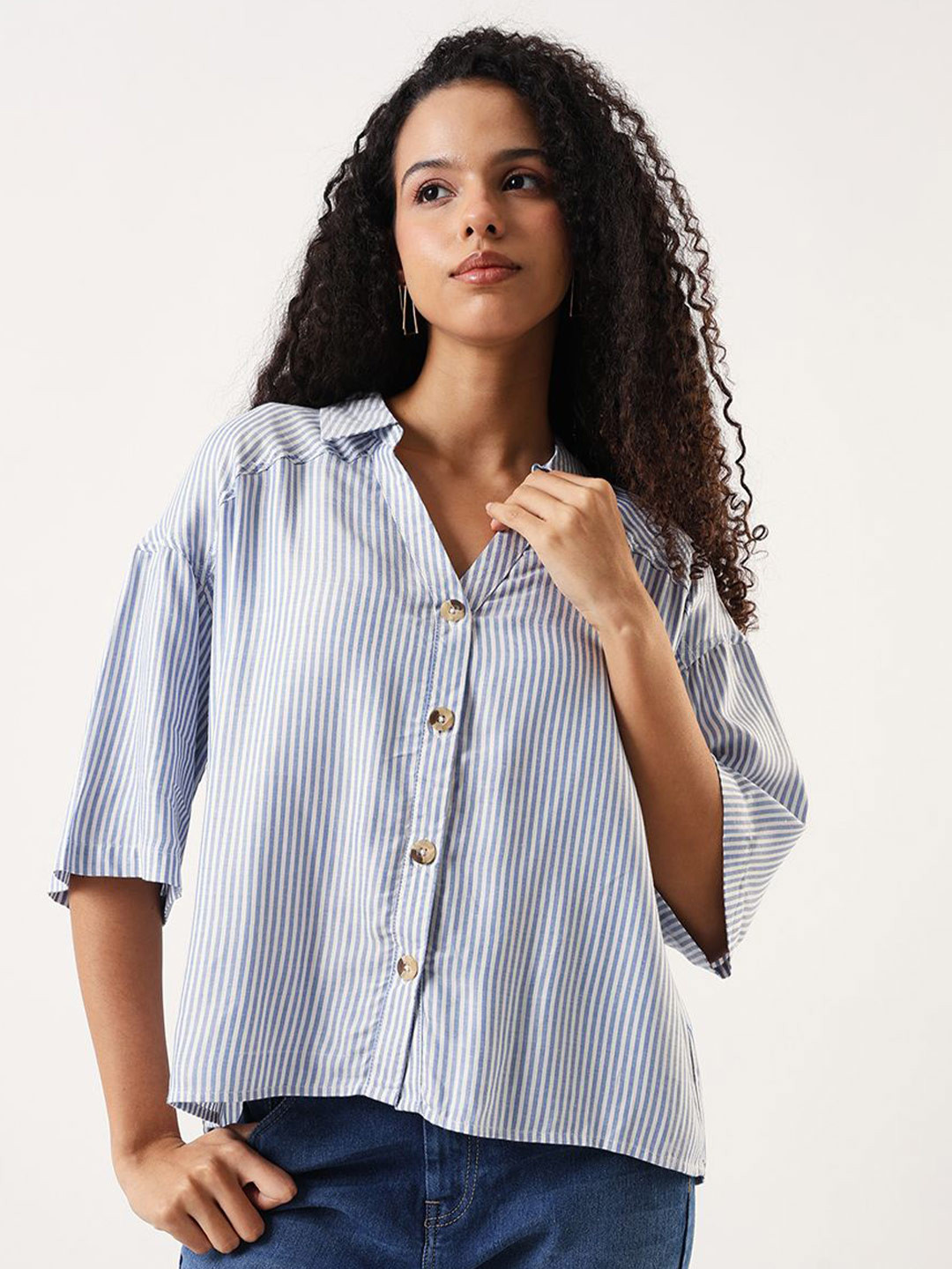 High Star Vertical Stripes Spread Collar Comfort Fit Oversized Shirt