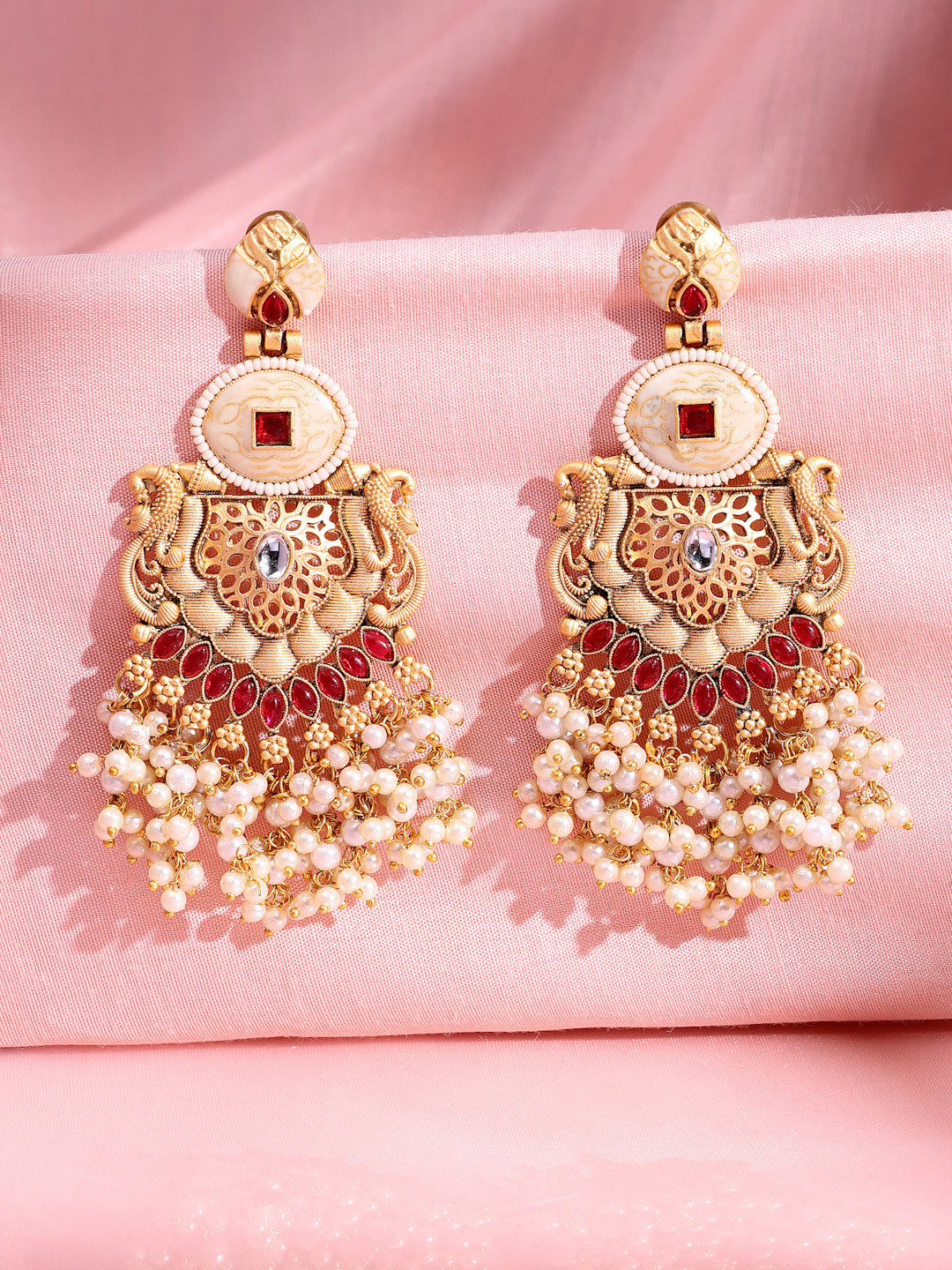 ADIVA 22K Gold-plated Kundan Studded And Artificial Beaded Teardrop Shaped Drop Earrings