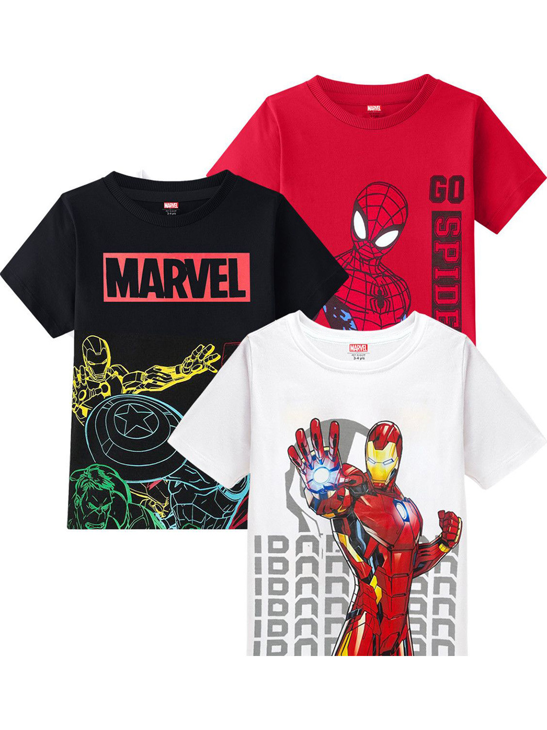 YK Marvel Boys Pack of 3 Iron Man & Spiderman Bio Finish Graphic Printed Cotton T-shirts